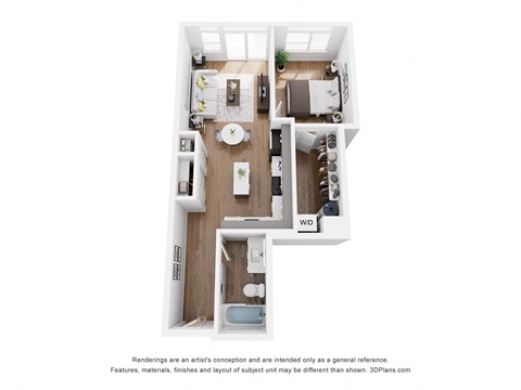 Floor plan for 1 bed, 1 bath, 669 sqft